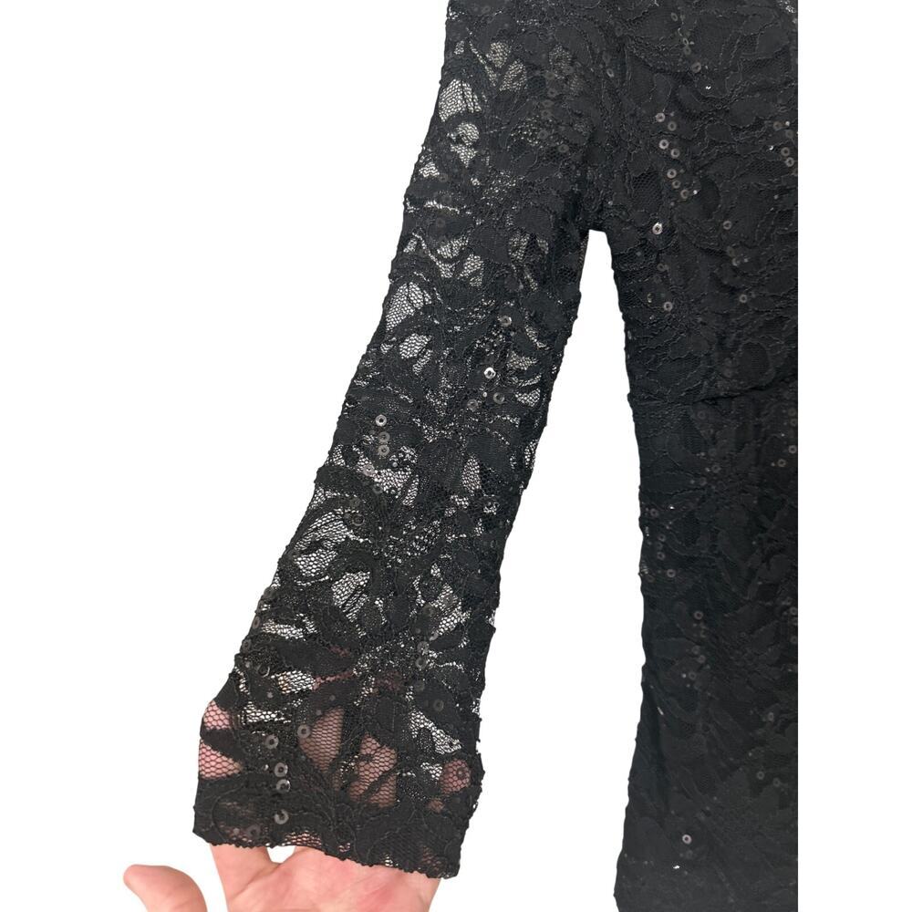 Boston Proper Black Lace Sequin V-Neck Top XL Made USA Y2K Evening Sheer Sleeves - Picture 5 of 11